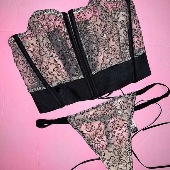 NWT Victoria's Secret 32B,32C CORSET+TEDDY+thong+BUSTIER EMBROIDERED Black Beige - Picture 8 of 15